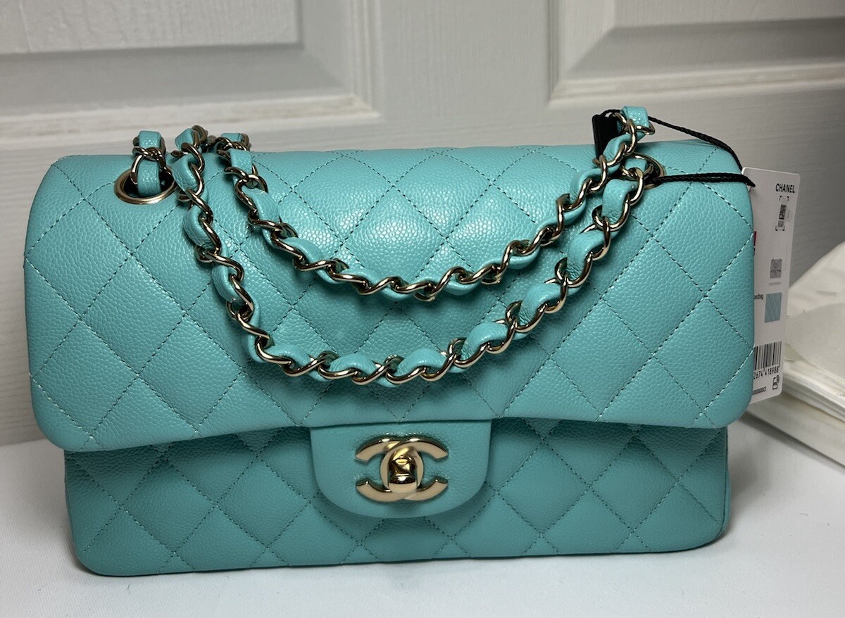 NEW CHANEL CLASSIC SMALL CAVIAR TURQUOISE W/GHW DOUBLE FLAP