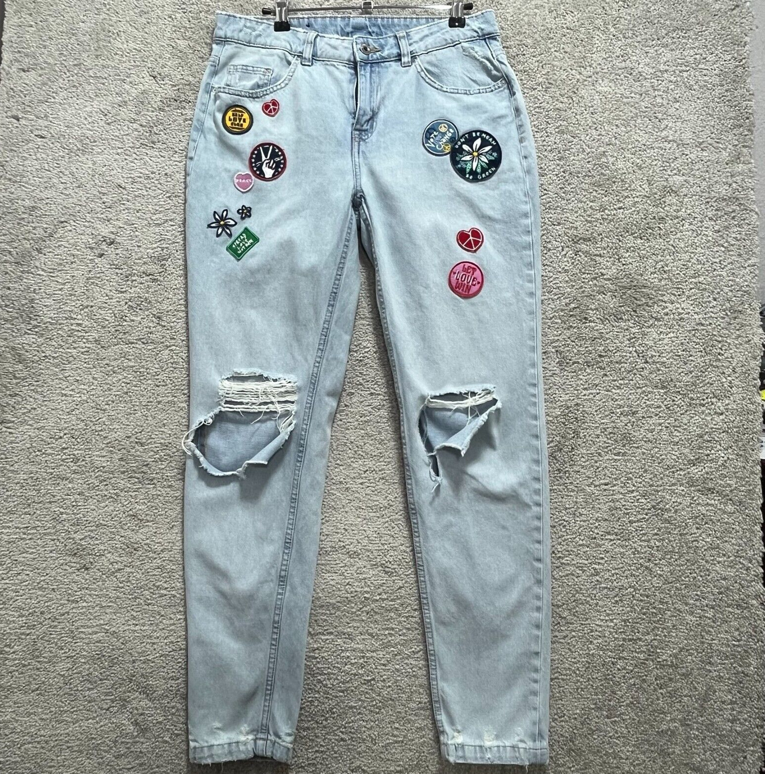 Divided H&M Jeans Women's 8 Blue Demin Mid Rise Patch Straight Leg 5-Pocket