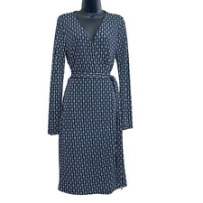 Ann Taylor Slinky Stretch Navy Blue Print Wrap Dress Size 4 Belted Long Sleeve