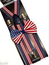 NEW PATRIOTIC US AMERICAN FLAG USA 4th July Adjustable Suspenders and Bow Tie