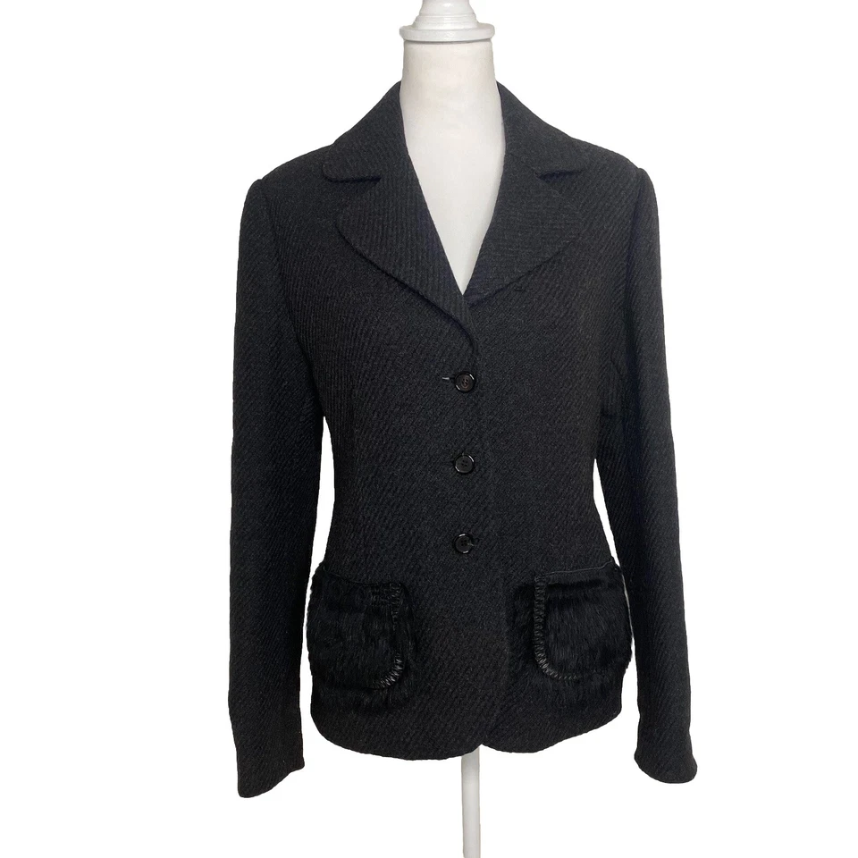 Chaqueta Blazer Prada F/W 2006 Bolsillos de Piel Negra Lana Virgen Talla IT46 US10 L Foto 2 de 4