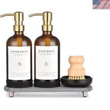 Luxury 16OZ Amber Glass Soap Dispenser Set with Stainless Steel Pump  Tray