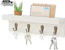 Rustic Key Holder for Wall, Farmhouse Wall Shelf with 4 Hooks (White)