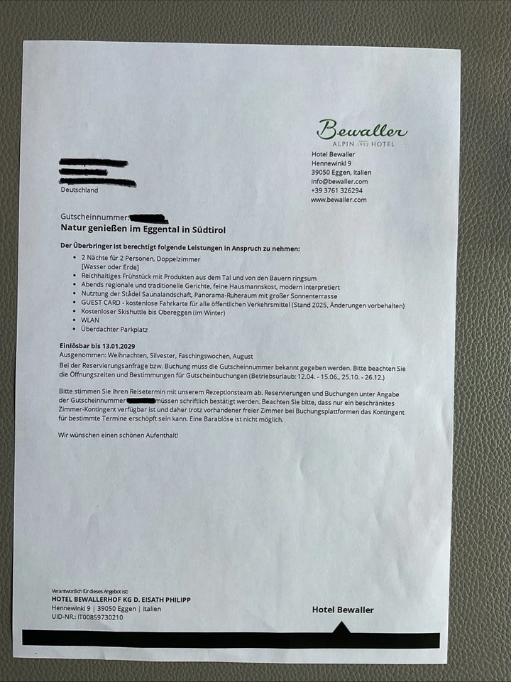 Hotelgutschein, Hotel Bewaller, Südtirol, 2 Nächte, 2 Personen, Halbpension - Bild 1 von 1
