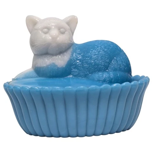 Vtg Westmorland Cat On Nest Blue White Slag Glass Covered Candy Dish FLAW