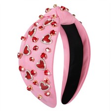 Red Pink Heart 3 Jeweled Crystal Rhinestone Valentine's Day Knotted Headband