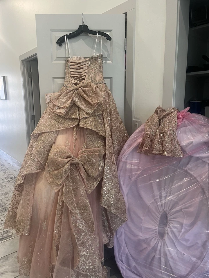 Cute Rose Pink and Gold Quincenera Dress with Bows Sleeveless - Image 2 of 4
