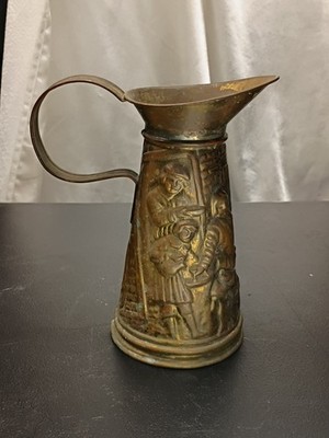 Vintage 3D Brass Embossed Pub Scene Pitcher Made In England Nice Patina