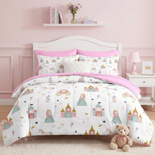 Princess Castle Comforter Set for Kids, 7 Pcs Unicorn Bedding in Pink