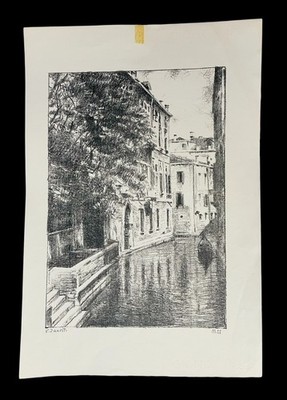 VITTORE ZANETTI ZITTI CHARCOAL DRAWING ORIGINAL SIGNED VENETIAN CANAL SCENE M22