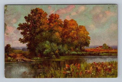 F Arnold Art Autumn Trees River Nature Landscape Litho No 85 VTG Postcard