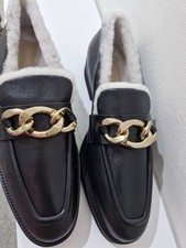Russell & Bromley Black Chain Detail Loafers Faux Fur Lined Size 7 New With Box
