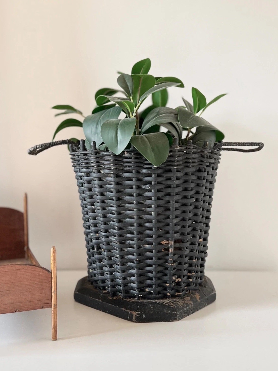 Antique Funeral Flower Basket Black Painted Wicker Woven Mourning Display