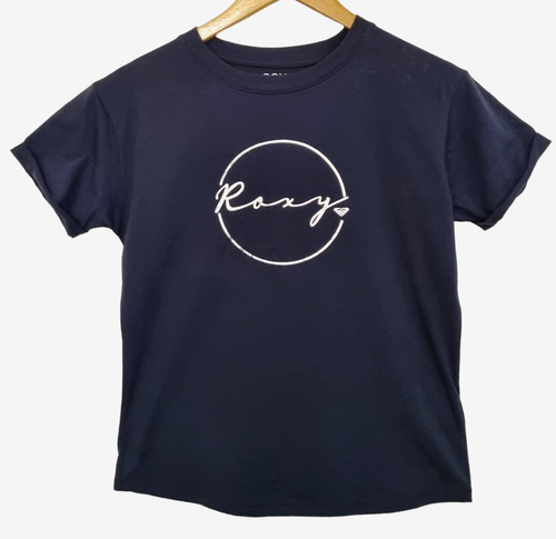 ROXY Womens Navy Blue Silver Logo Short Sleeve T-Shirt Top - Size XS