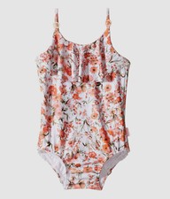  58 Seafolly Girls white Wild Poppy peach Ruffle Tank One-Piece Swimsuit 10