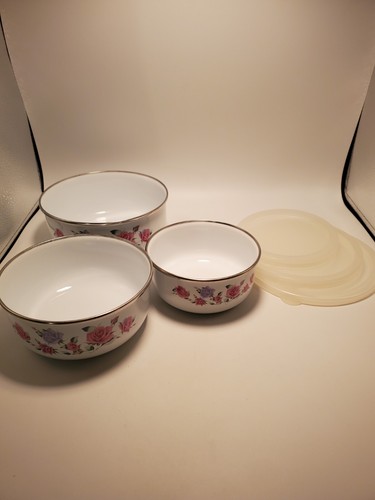 Vtg 6 Pc Set Nesting Bowls/Lids Porcelain Enamelware Metal Rose Floral 6.75”6”5” - Picture 6 of 9