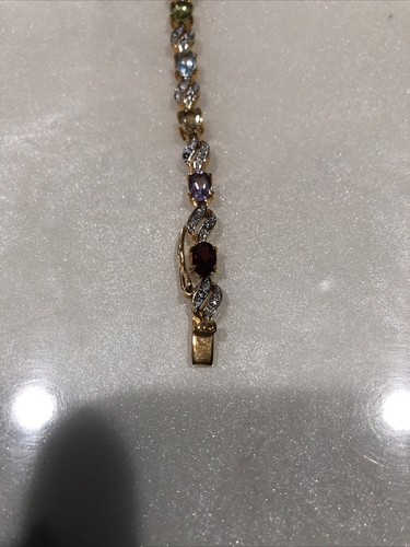 FAS 24K Gold Over 925 Sterling Silver Genuine Gemstone &Diamond Tennis Bracelet - Picture 15 of 20