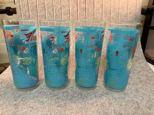 Vintage MCM Florida Souvenir Gläser 4er Set High Ball Map Aqua Türkis - Bild 7 von 10