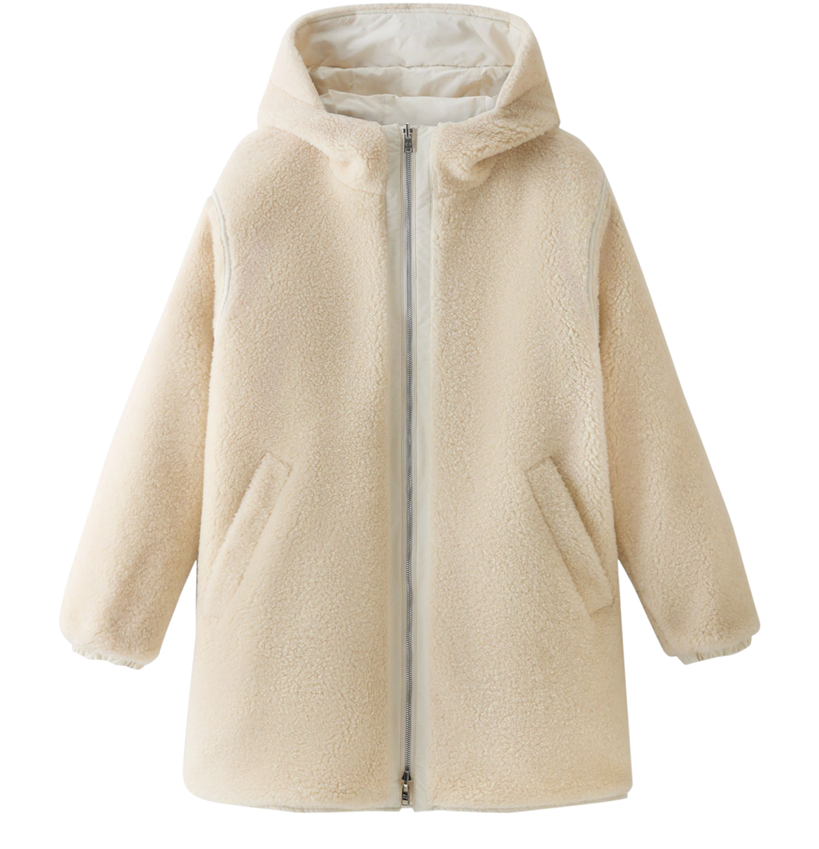 Woolrich|JACKETS (REVERSIBLE TEDDY PARKA(CFWWOU0856FRUT WOOLRICH Women'S Cream Wool Reversible Teddy Parka Hooded