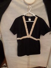 Cherokee Studio Size S Scrub Top Shirt Black w/ Tan/ gold trimTie Back Pockets