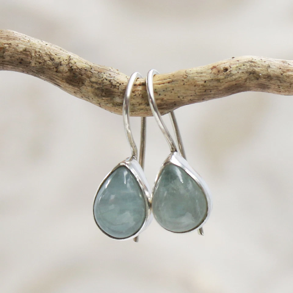 Acquamarina Orecchini Pendenti Argento Sterling 925 Gocce Moderno Cabochon Paio - Immagine 2 di 4