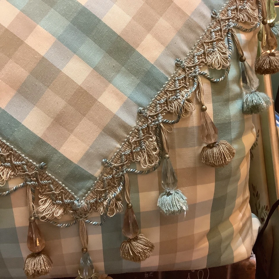 Custom Envelope Pillow~16” Sq~Teal/Brown Plaid~w/Unique Tassels~French Country~ - Image 4 of 4