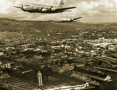 1951 Douglas C54 Skymasters Over Honolulu Hawaii Old Photo 8.5'' x 11'' Reprint