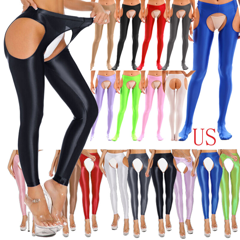 Oily Shiny High Waist Crotchless Pantyhose & Stockings - Wet Look Sheer Tights (One Size) 6 thumbnail image