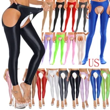 US Women Crotchless Pantyhose Shiny Oil Glossy Tights High Waist Footless Pants