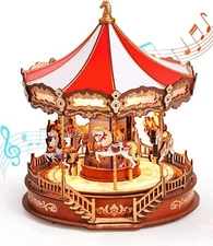 ROKR DIY Carousel Music Box with Lights Model Wooden 3D Puzzles Kit Xmas Gift