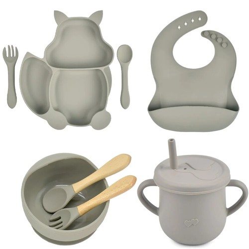 8PCS/Set Baby Sucker Bowl Plate Cup Bibs Spoon Fork Sets Children Feeding Dishes - Picture 30 of 51