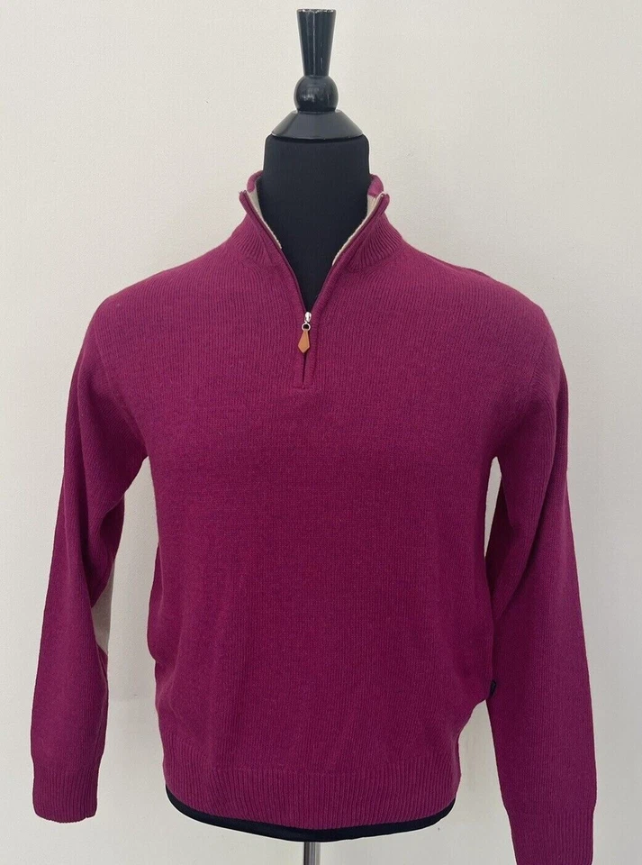 New Unisex Hugo Boss Sweater Purple Burgundy Wool 1/4 Zip Pullover L Loose Fit - Image 3 of 4
