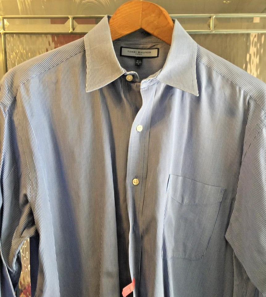 Camisa de vestir Tommy Hilfiger Ithaca cuello extendido 16 32/33 L azul blanco a rayas Foto 2 de 4