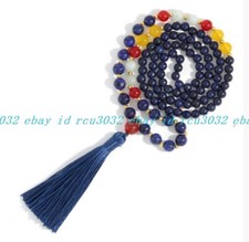 Natural 6-8mm Lapis Lazuli Jade Gems 108 Prayer Beads Buddhist Mala Necklace AAA
