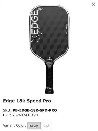 Diadem Edge 18K Speed Pro Pickleball Paddle 8oz, 5.7in grip, 16.4inx7.5in - Picture 4 of 4