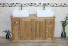 Bathroom Vanity Unit | Oak Sink Cabinet | Double Ceramic Wash Basin Tap & Plug