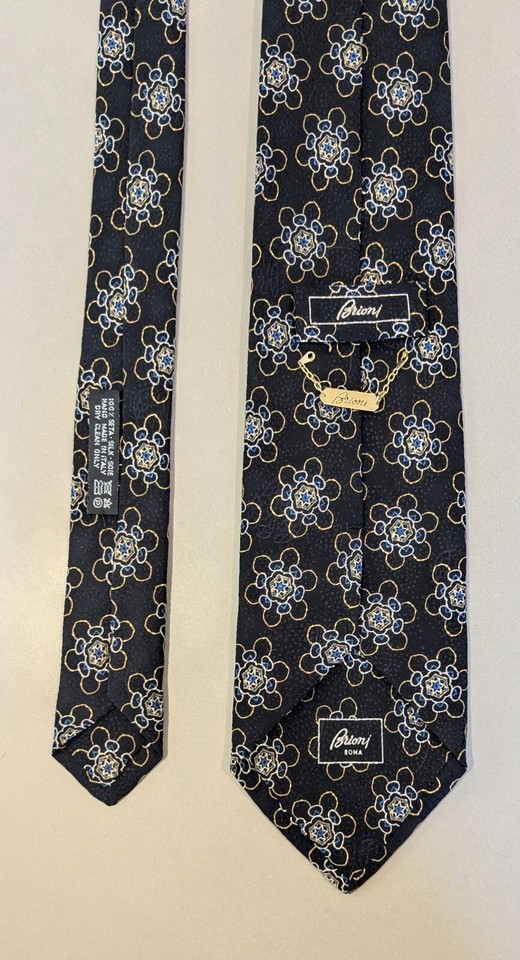 BRIONI Silk Necktie Black with Blue and Gold Geometric Flower Pattern