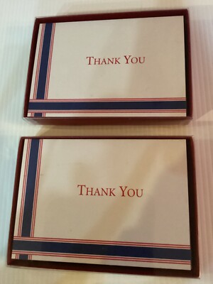 Caspari THANK YOU NOTES 2 Boxes 16 CARDS Blank GROSGRAIN Blue/Red +ENVELOPES New