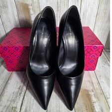 Tory Burch Womens Black Leather Pointed Toe Stiletto Pumps Gold Logo Heel Size 7