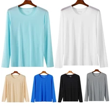 Mens Ice Silk  Baselayer Shirts Long Sleeve Tops T-Shirt Nightwear Thin Pajamas