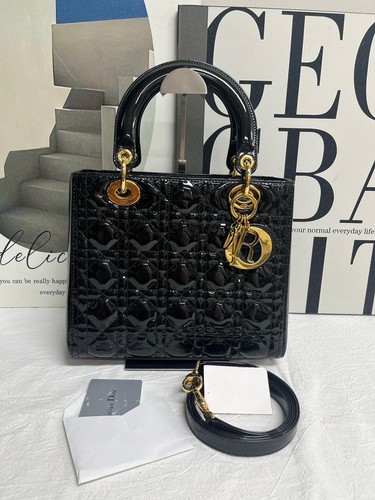 Authentic Pre-owned Dior Lady Dior Medium Black Patent Cannage Leather Bag