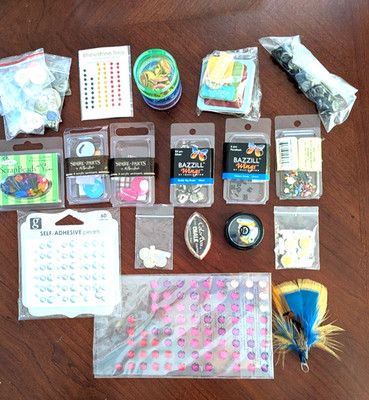 Scrapbooking Embellishments Assortment, Brads, Stickers Plus Buttons And Doodads