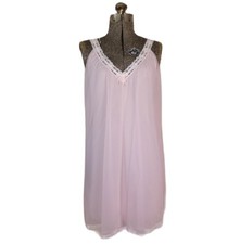 Vintage 60s 70s Baby Pink White Lace Layered Nightgown Mesh Nylon Babydoll S/M