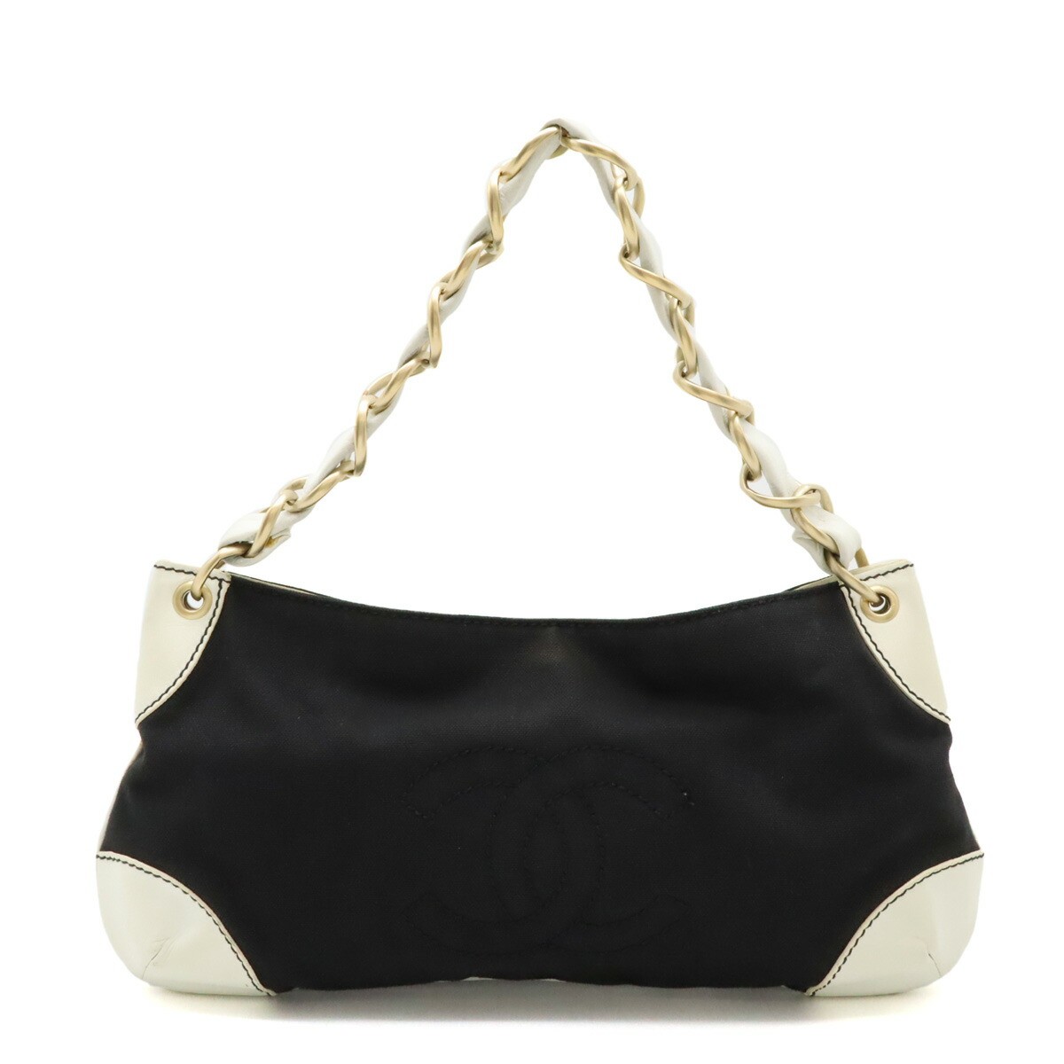 CHANEL Coco Mark Chain Shoulder Bag in Black White Gold Canvas Leather