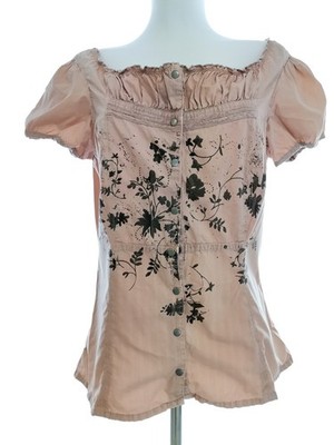 NU BY STAFF Damen Geknöpfte Bluse Gr. M Beige Baumwolle Kurzer Ärmel Knöpfe