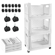 Stackable Plastic Storage Basket, 3 Pack Foldable Closet Organizers and Stora...