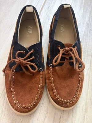 Zara Boys Boat Shoes Size 5.5 Youth Leather Brown Navy Blue Green Lace Up