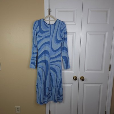 House of Sunny Long Sleeve The Blue Moon Midi Knit Dress Sea Blue Swirl Size 6