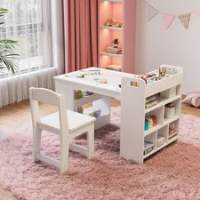 Kids Art Table+2Chairs Craft Table w/ Storage Shelves Toddler Drawing Desk White