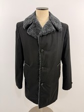 VTG Sears Mens Store Black Overcoat Faux Fur Collar Gray Size 38R Sherpa Lined